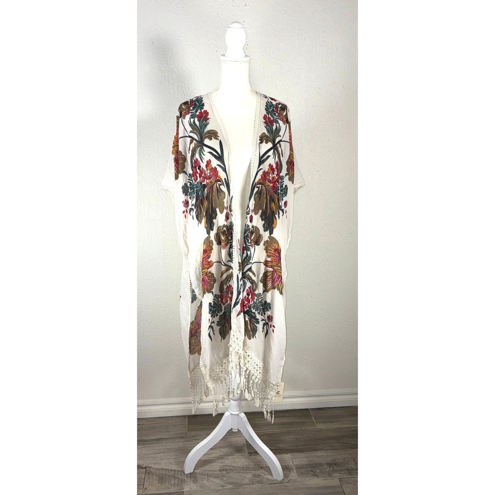 Comfyluxe Floral Kimono Wrap Crochet Lace Fringe Trim White One Size 200550-1467